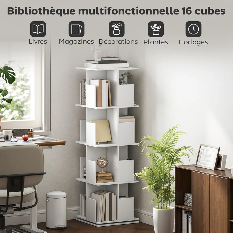 Bibliothèque rotative 39 x 39 x 128,3 cm 16 cases rotation 360 anti basculement épuré en panneau de particules blanc 21_0002548