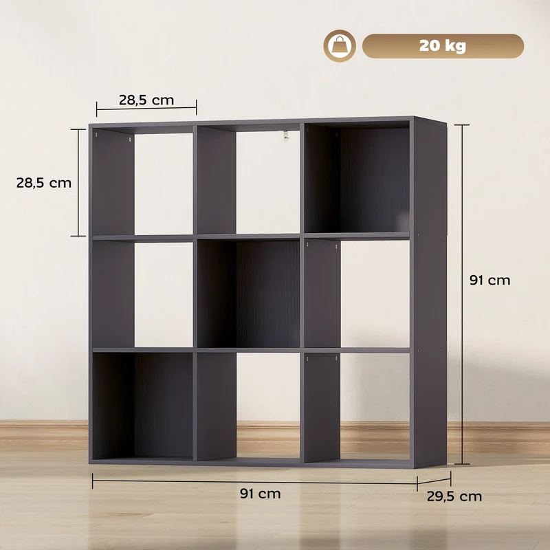 Bibliothèque 9 compartiments 91 x 29,5 x 91 cm gain de place stable contemporain salon en panneau de particules gris 21_0001718