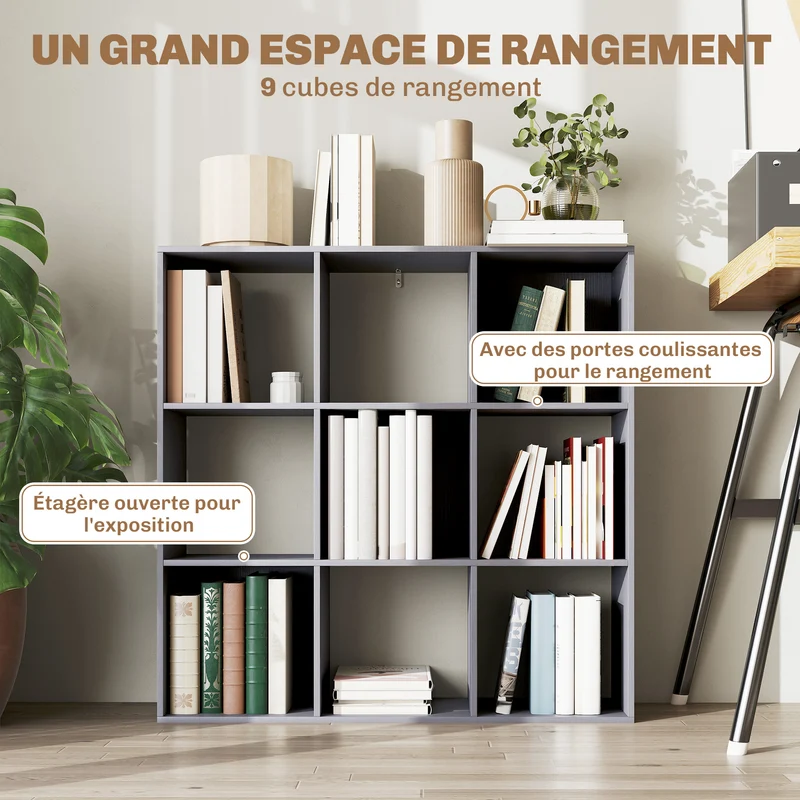 Bibliothèque 9 compartiments 91 x 29,5 x 91 cm gain de place stable contemporain salon en panneau de particules gris 21_0001718