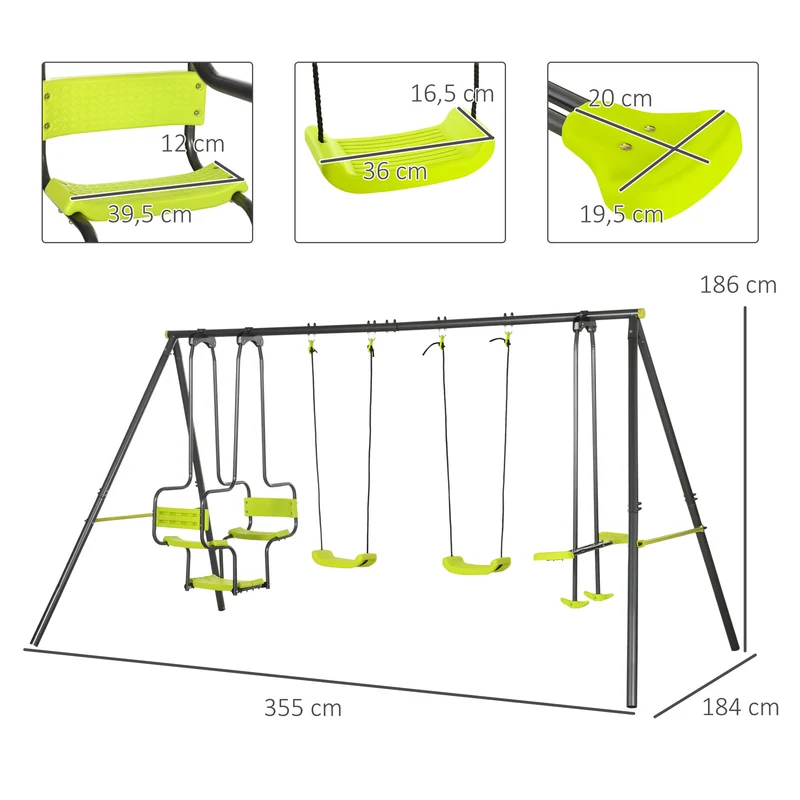 Balançoire portique 4 agrès jardin 355 x 184 x 186 cm ancrage au sol sécurité enfant 3-8 ans contemporain en acier vert 21_0000369