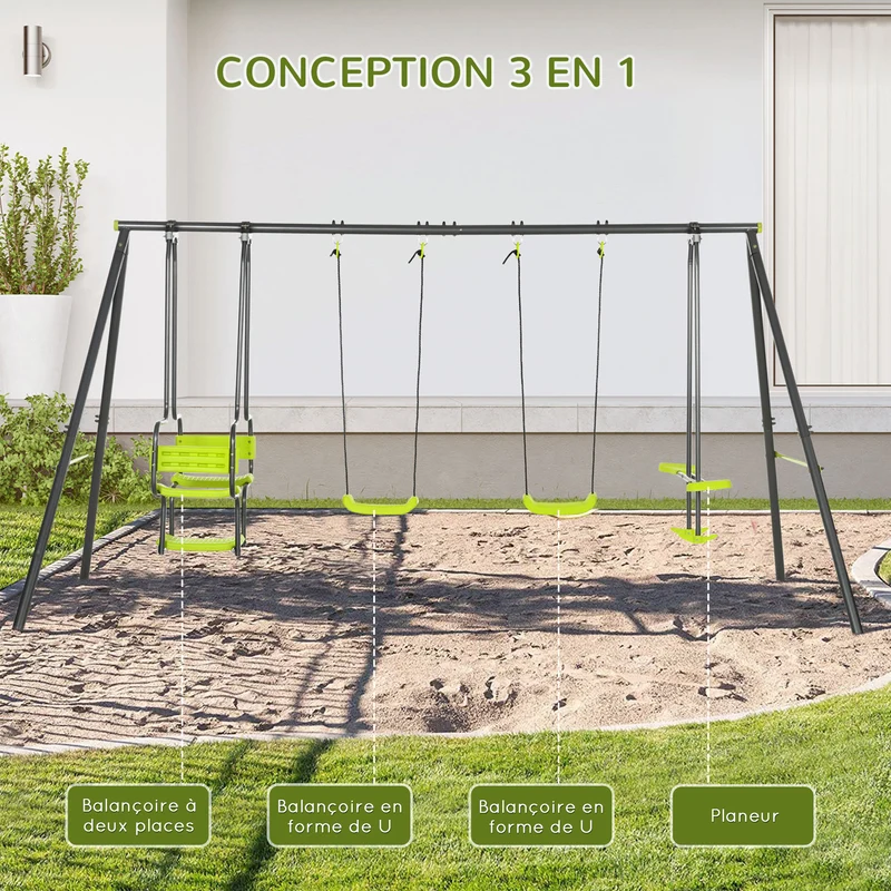 Balançoire portique 4 agrès jardin 355 x 184 x 186 cm ancrage au sol sécurité enfant 3-8 ans contemporain en acier vert 21_0000369