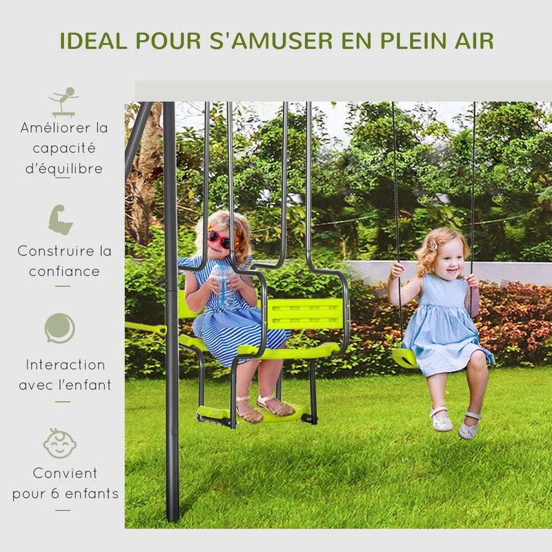 Balançoire portique 4 agrès jardin 355 x 184 x 186 cm ancrage au sol sécurité enfant 3-8 ans contemporain en acier vert 21_0000369