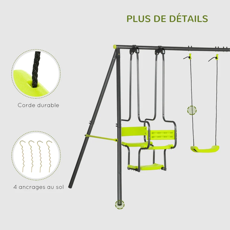 Balançoire portique 4 agrès jardin 355 x 184 x 186 cm ancrage au sol sécurité enfant 3-8 ans contemporain en acier vert 21_0000369