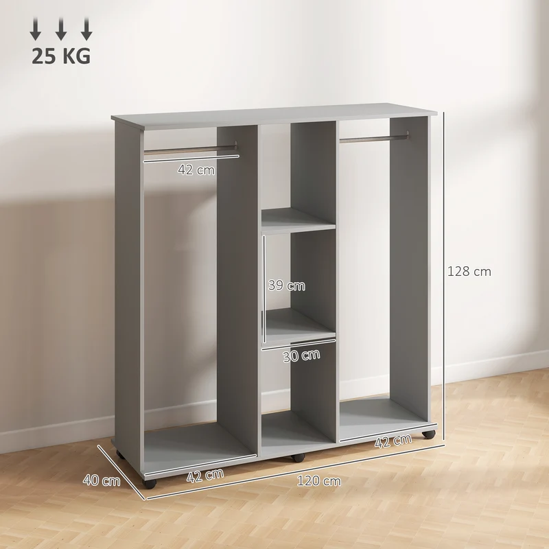 Armoire penderie mobile 120 x 40 x 128 cm double tringle capacité optimisée contemporain en panneaux de particules gris 21_0001425