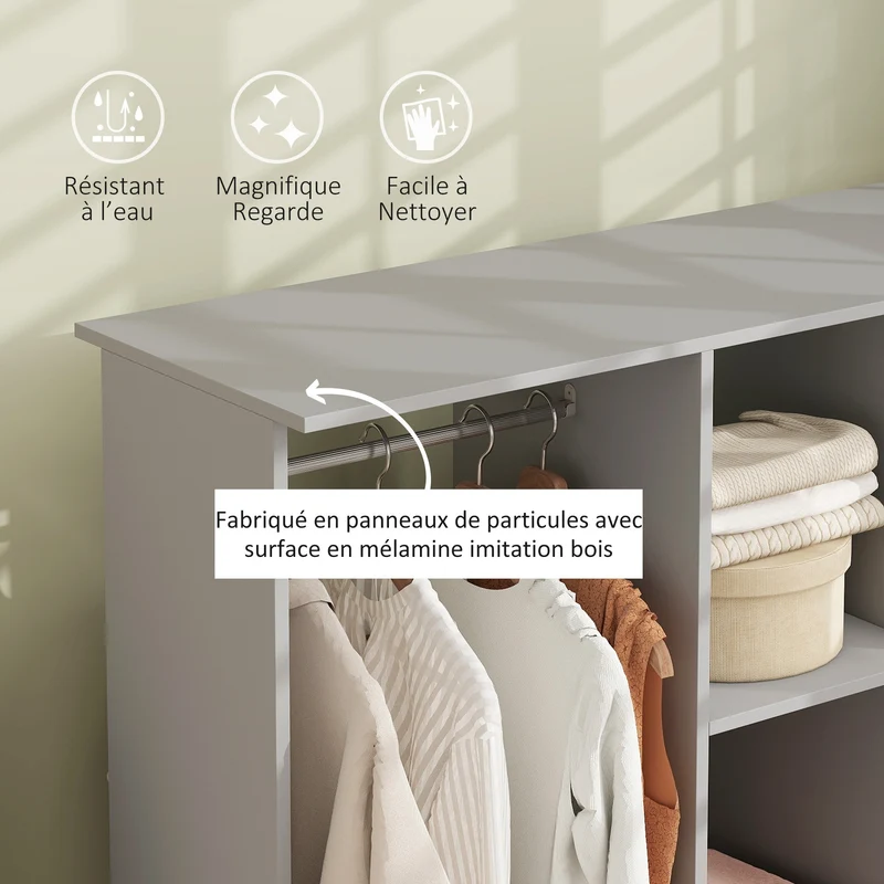 Armoire penderie mobile 120 x 40 x 128 cm double tringle capacité optimisée contemporain en panneaux de particules gris 21_0001425