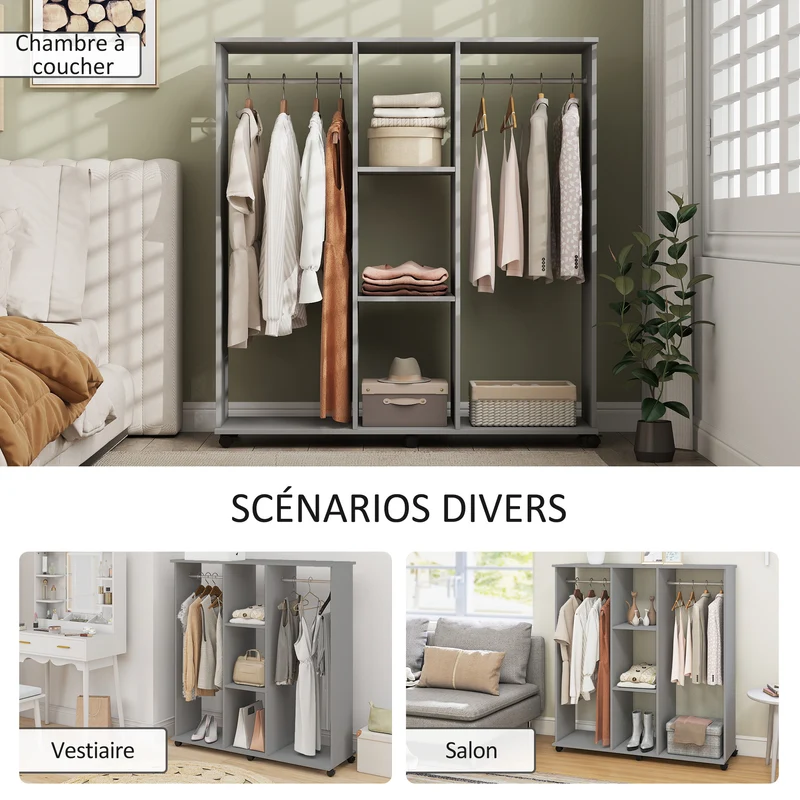 Armoire penderie mobile 120 x 40 x 128 cm double tringle capacité optimisée contemporain en panneaux de particules gris 21_0001425