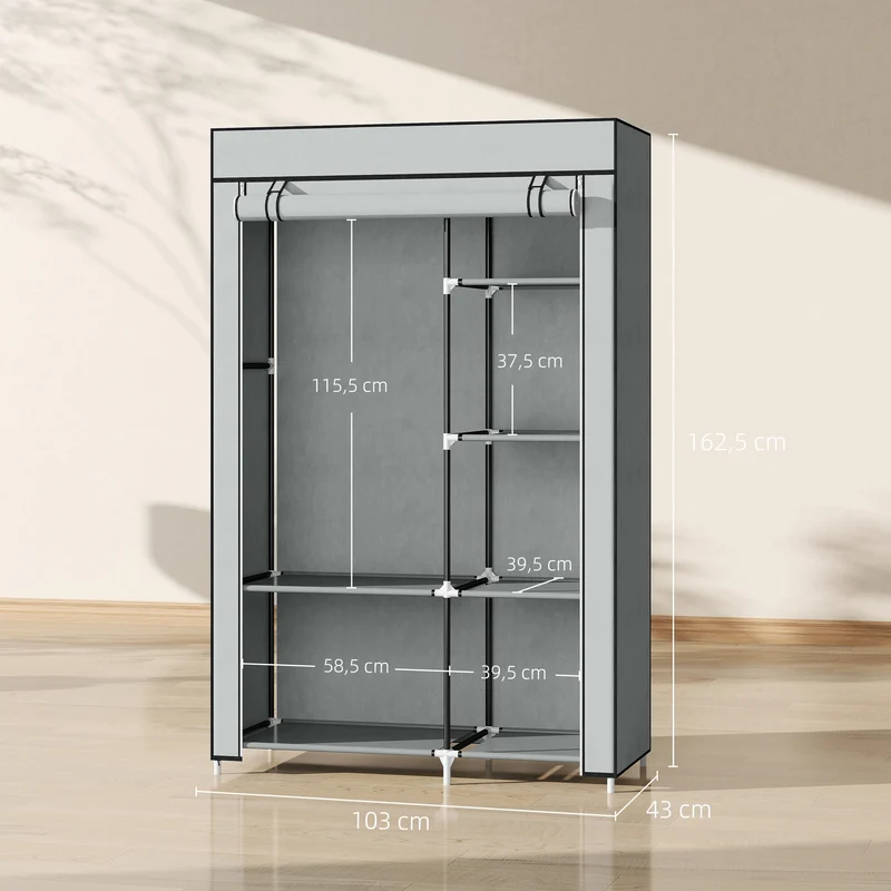Armoire penderie gain de place 103 x 43 x 162,5 cm 6 étagères 1 barre montage facile style épuré en non tissé gris clair 21_0005824