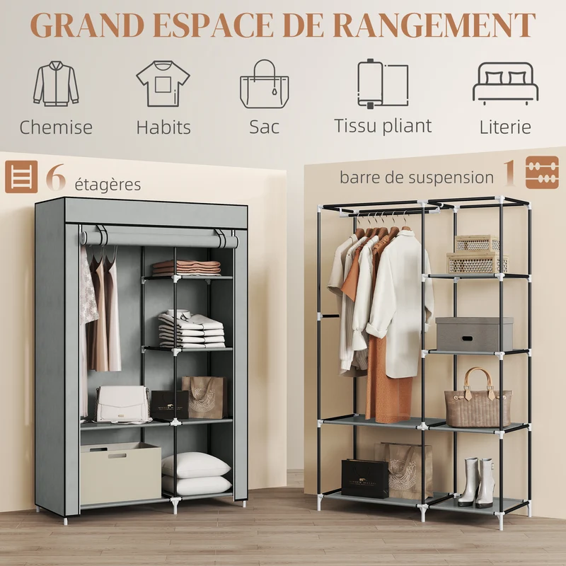 Armoire penderie gain de place 103 x 43 x 162,5 cm 6 étagères 1 barre montage facile style épuré en non tissé gris clair 21_0005824