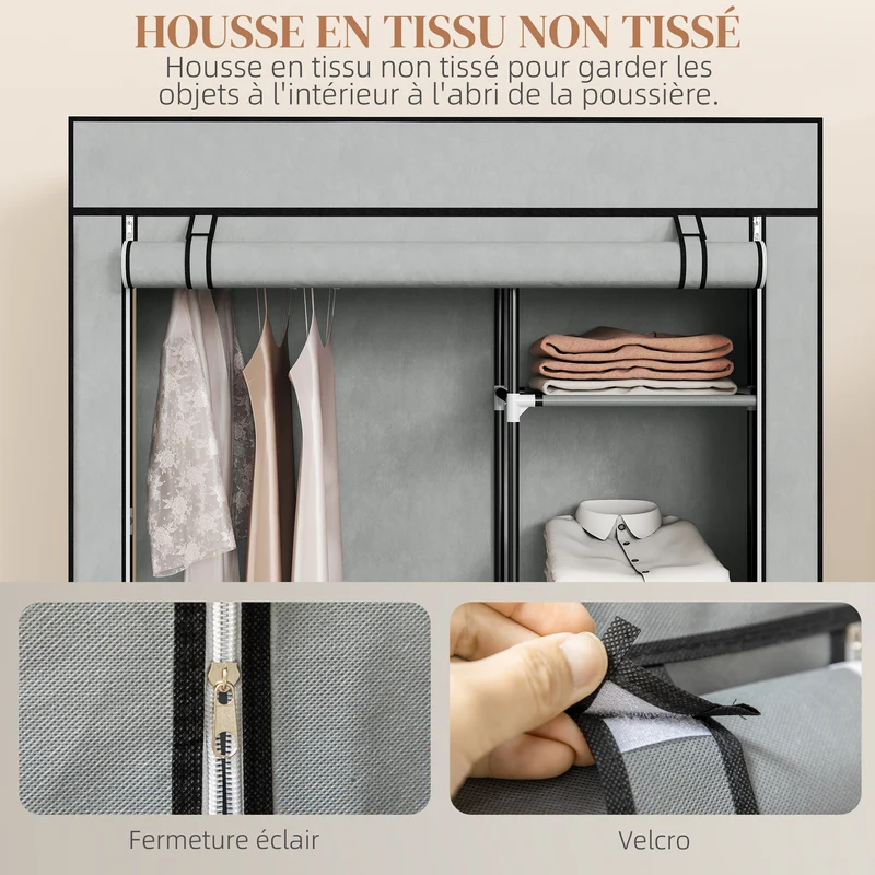 Armoire penderie gain de place 103 x 43 x 162,5 cm 6 étagères 1 barre montage facile style épuré en non tissé gris clair 21_0005824