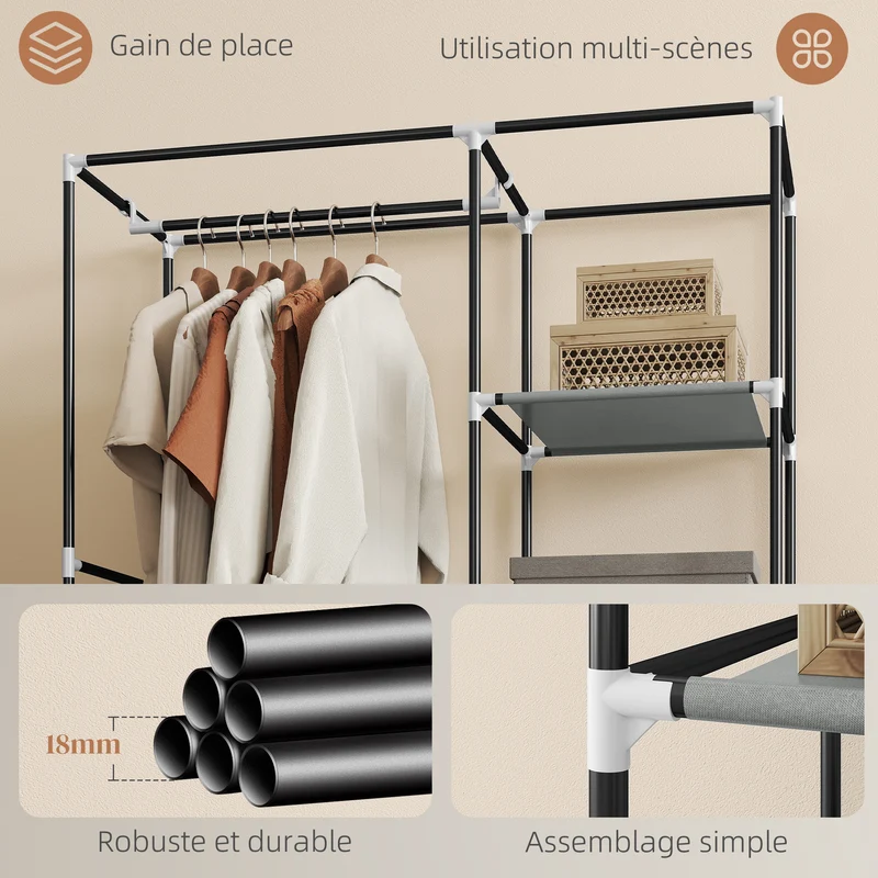 Armoire penderie gain de place 103 x 43 x 162,5 cm 6 étagères 1 barre montage facile style épuré en non tissé gris clair 21_0005824