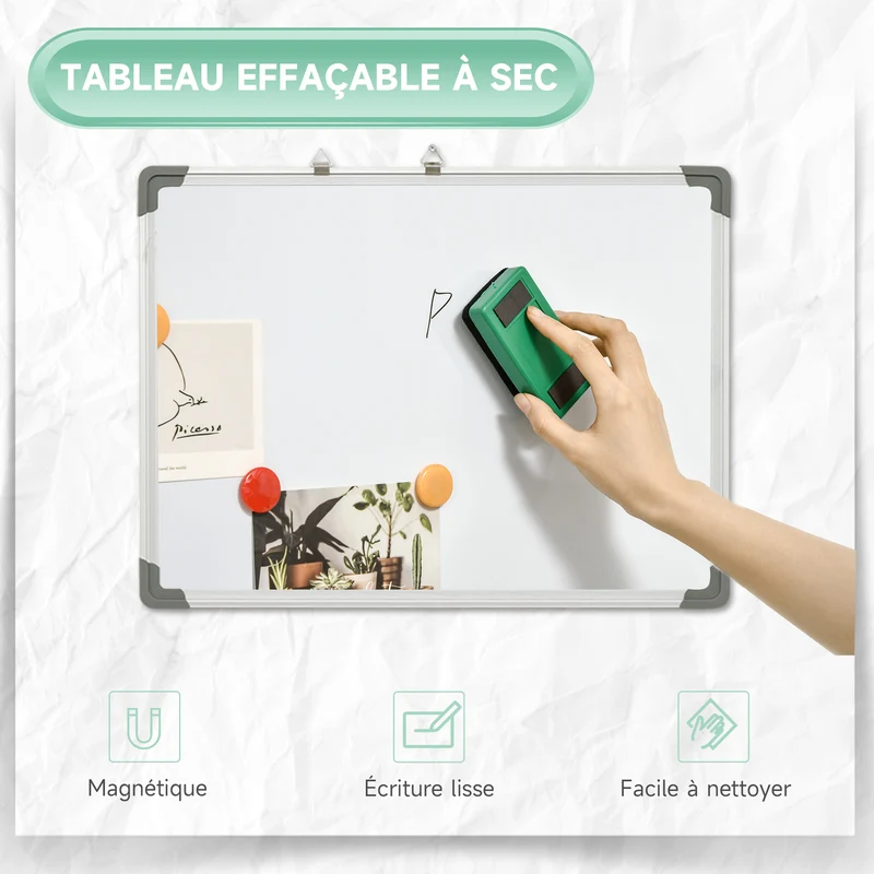 Tableau blanc magnétique mural 60 x 45 x 1.8 cm effaçable à sec aimanté bureau design épuré accessoires en acier blanc 21_0006095