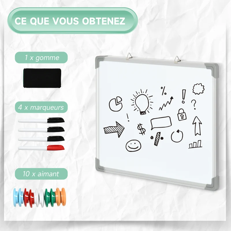Tableau blanc magnétique mural 60 x 45 x 1.8 cm effaçable à sec aimanté bureau design épuré accessoires en acier blanc 21_0006095