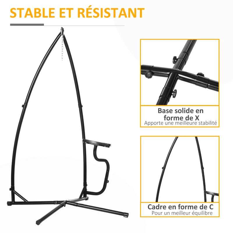 Support pour fauteuil suspendu autoportant 109 x 109 x 210 cm tablette réglable porte gobelet industriel en acier noir 21_0004489