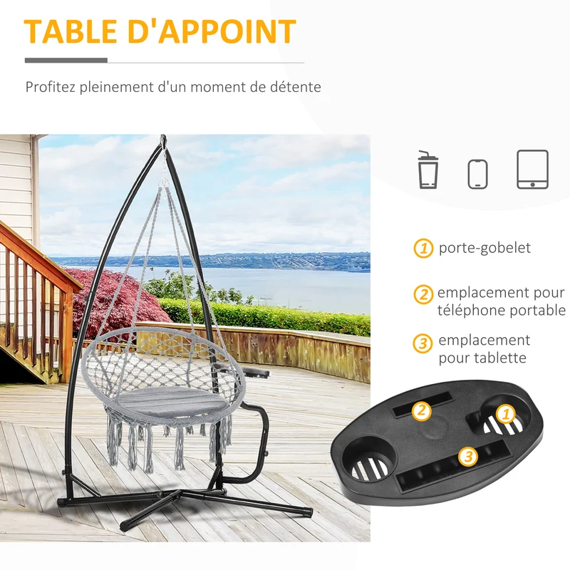 Support pour fauteuil suspendu autoportant 109 x 109 x 210 cm tablette réglable porte gobelet industriel en acier noir 21_0004489