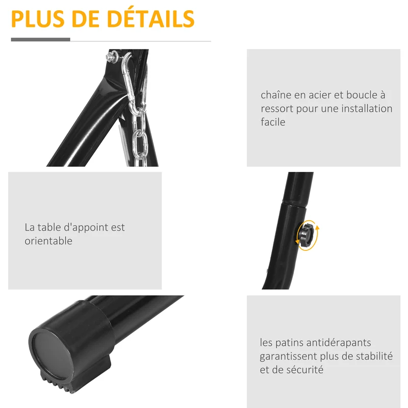 Support pour fauteuil suspendu autoportant 109 x 109 x 210 cm tablette réglable porte gobelet industriel en acier noir 21_0004489