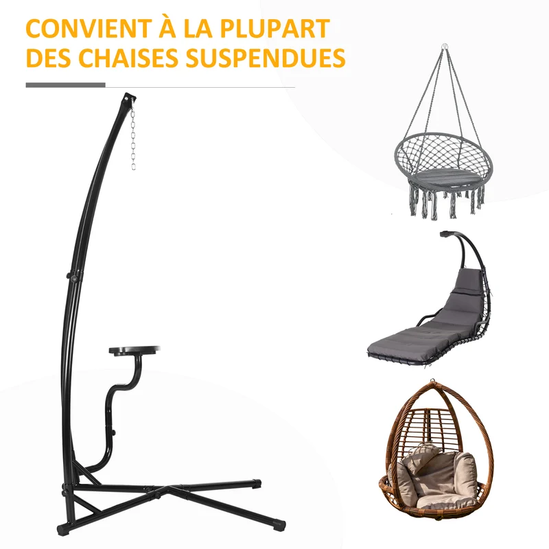 Support pour fauteuil suspendu autoportant 109 x 109 x 210 cm tablette réglable porte gobelet industriel en acier noir 21_0004489