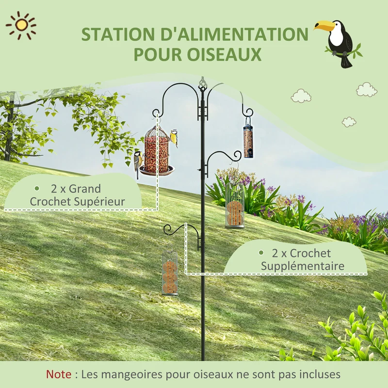 Station d'alimentation pour oiseaux jardin 54.5 x 54.5 x 208 cm crochets réglables bases stables industriel en acier noir 21_0007600
