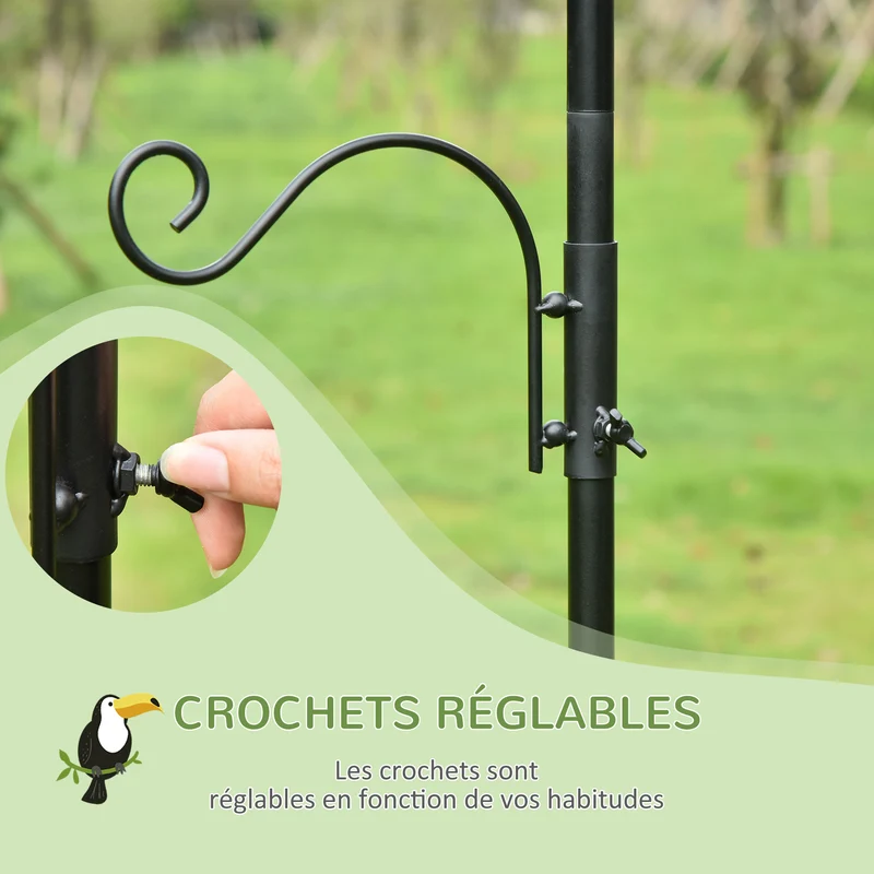 Station d'alimentation pour oiseaux jardin 54.5 x 54.5 x 208 cm crochets réglables bases stables industriel en acier noir 21_0007600