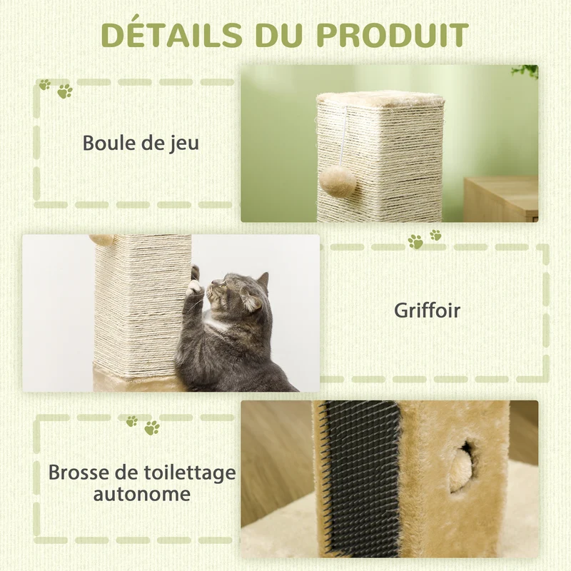 Poteau à gratter pour chat 59,5 x 39 x 79 cm balle clochette protège mobilier salon chambre moderne cosy en jute beige 21_0007666