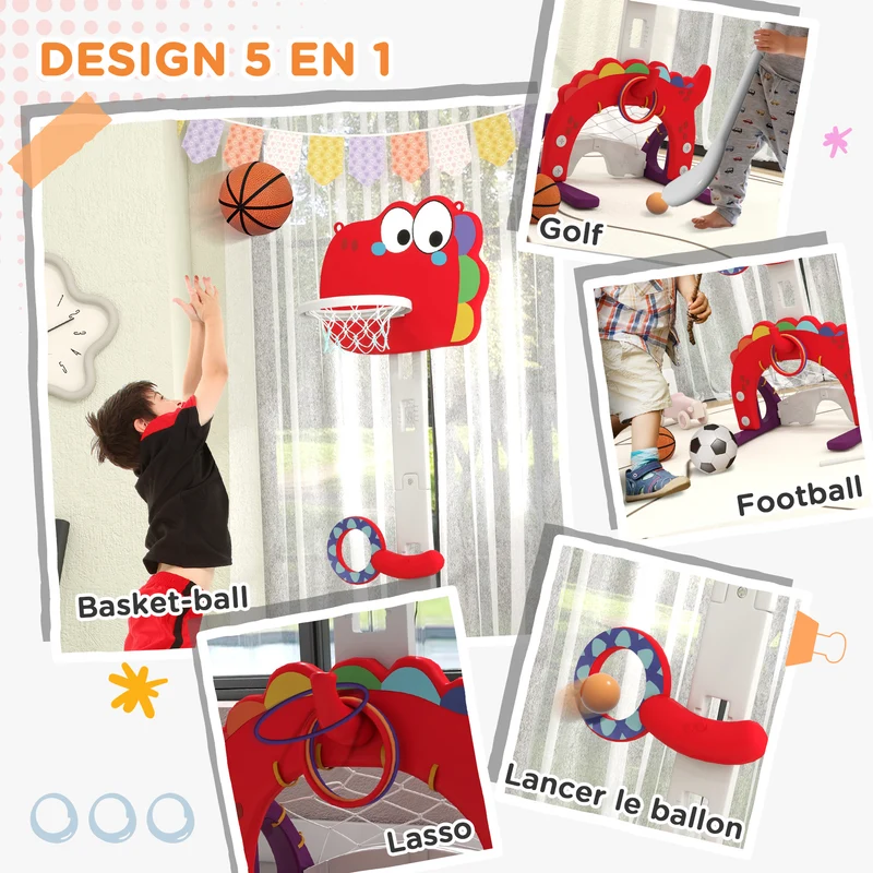 Panier de basket pour enfants 46 x 51 x 152 cm hauteur réglable 5 en 1 multijeux décoratif contemporain salon en PP rouge 21_0000299