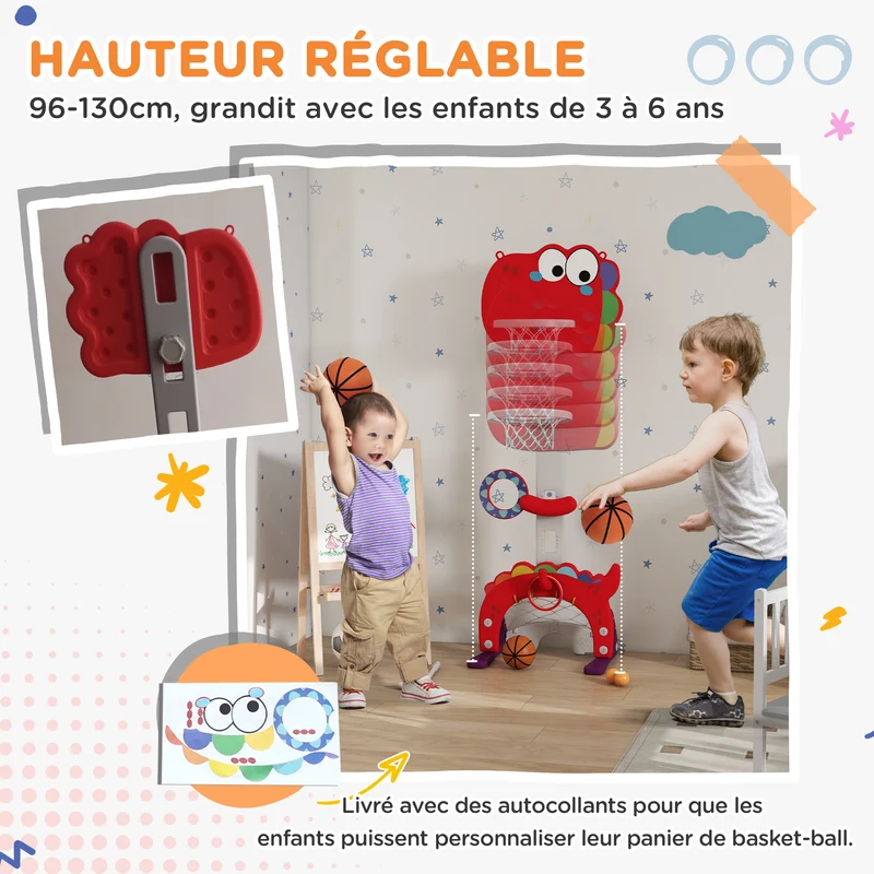 Panier de basket pour enfants 46 x 51 x 152 cm hauteur réglable 5 en 1 multijeux décoratif contemporain salon en PP rouge 21_0000299