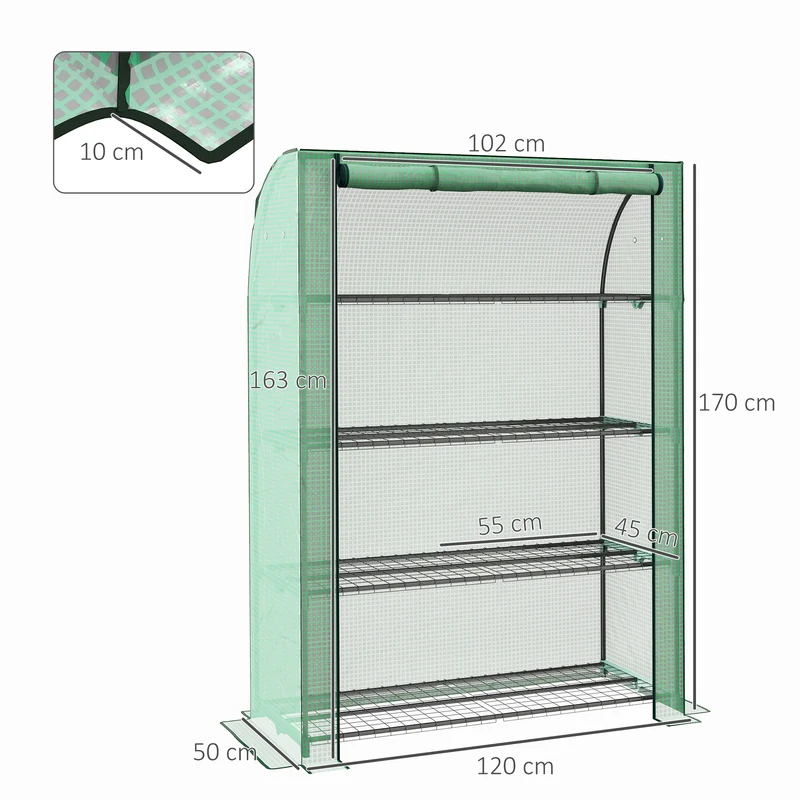Mini serre de jardin 120 x 50 x 170 cm 4 étagères porte enroulable idéale pour petits espaces épuré en polyéthylène vert 21_0004349