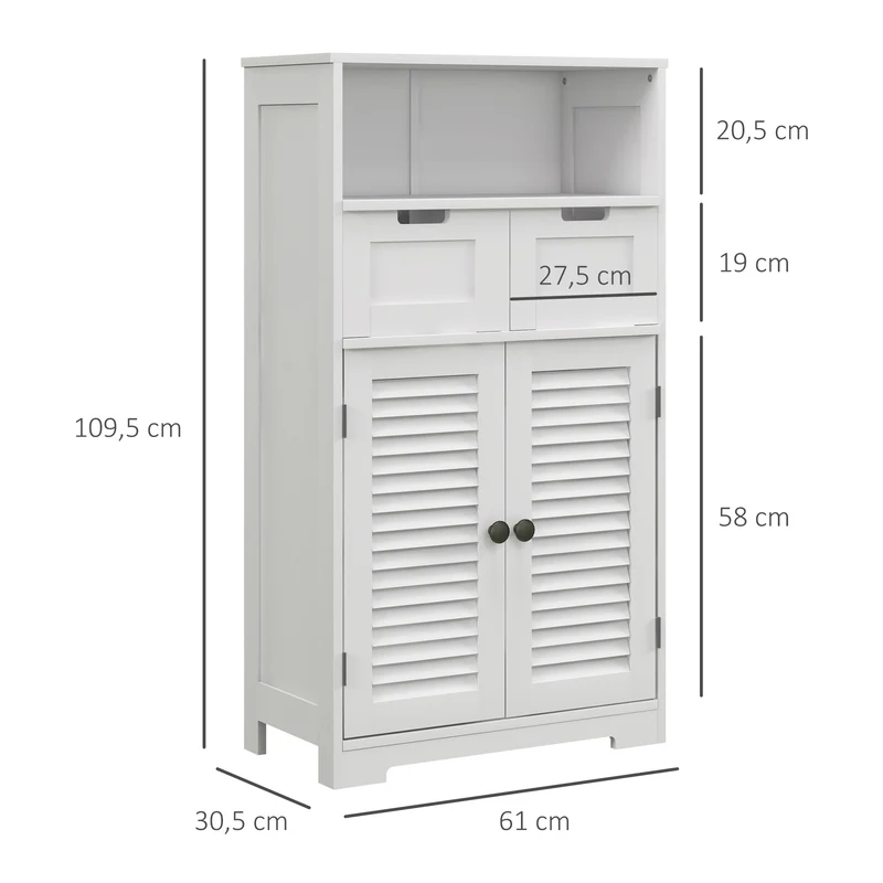 Meuble salle de bain colonne 61 x 30,5 x 109,5 cm rangement optimisé étagère réglable 2 tiroirs épuré moderne en MDF blanc 21_0002008