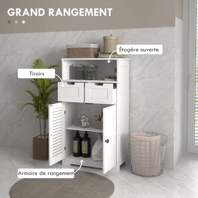 Meuble salle de bain colonne 61 x 30,5 x 109,5 cm rangement optimisé étagère réglable 2 tiroirs épuré moderne en MDF blanc 21_0002008