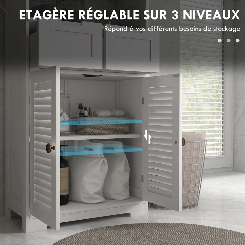 Meuble salle de bain colonne 61 x 30,5 x 109,5 cm rangement optimisé étagère réglable 2 tiroirs épuré moderne en MDF blanc 21_0002008
