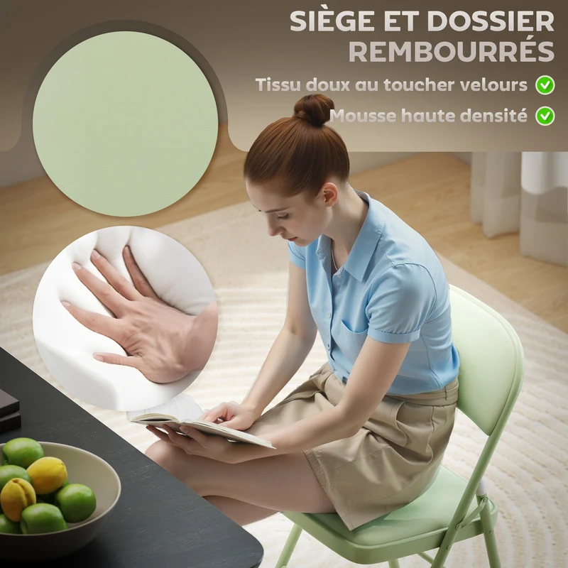 Lot de 4 chaises pliantes intérieur 45 x 46 x 78 cm assise rembourrée gain de place moderne contemporain en velours vert 21_0003301