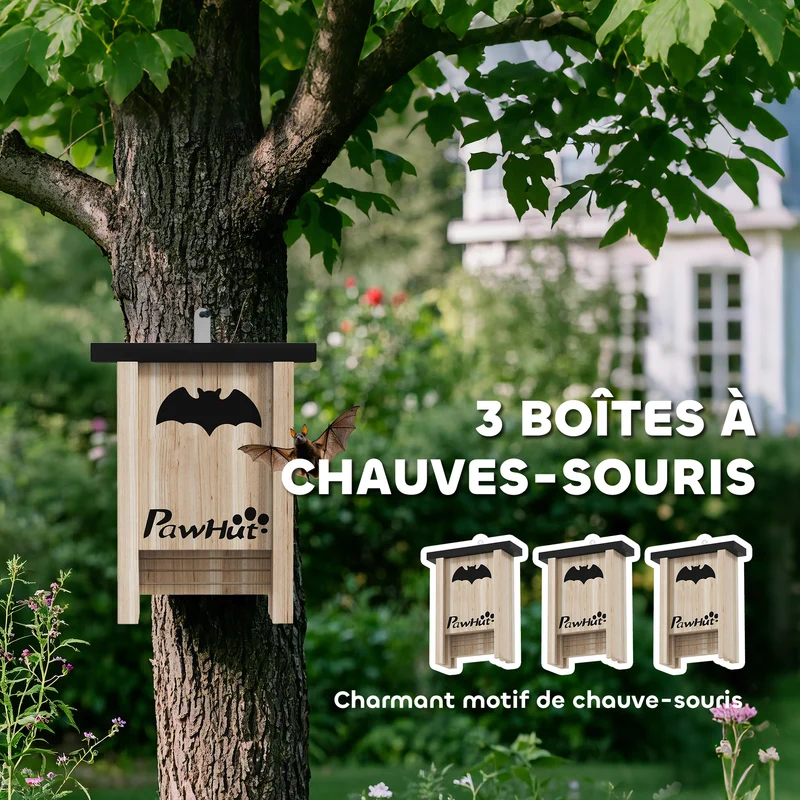 Lot de 3 nichoirs à chauves-souris jardin 18 x 6 x 22,5 cm plateforme rainurée imperméable rustique en bois naturel 21_0008001