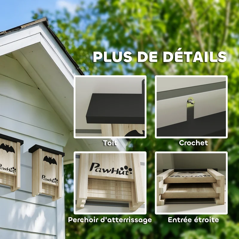 Lot de 3 nichoirs à chauves-souris jardin 18 x 6 x 22,5 cm plateforme rainurée imperméable rustique en bois naturel 21_0008001