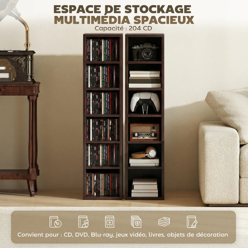 Lot de 2 étagères colonnes cd 21 x 22.5 x 88.5 cm capacité 204 sécurisé moderne épuré en panneaux de particules marron 21_0001803