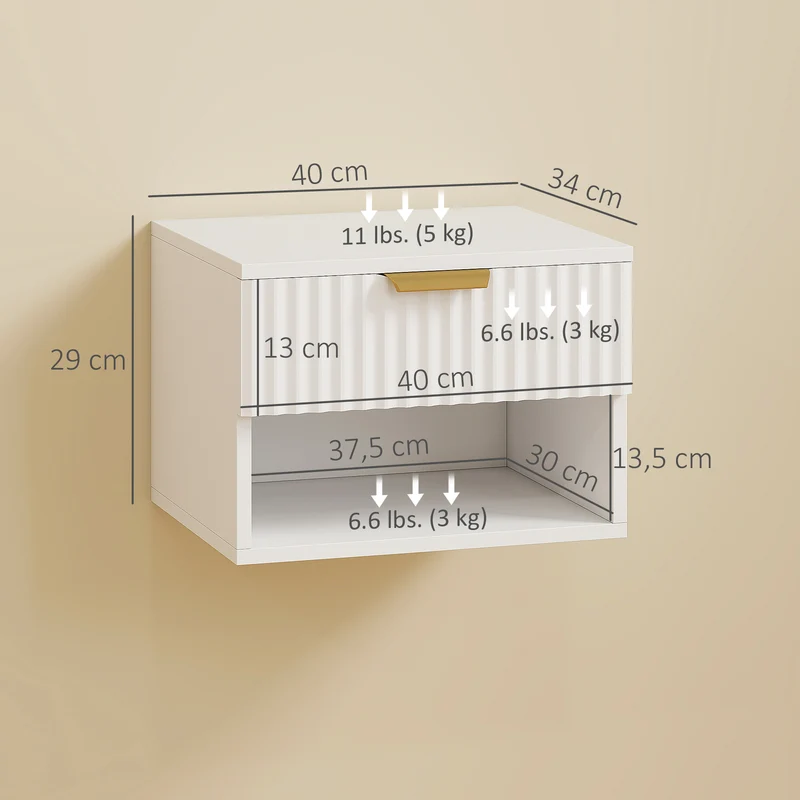 Lot de 2 tables de chevet suspendues 40 x 34 x 29 cm modernes avec tiroir cannelé et niche gain de place en MDF blanc 21_0003762