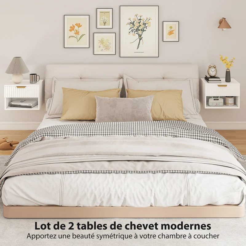 Lot de 2 tables de chevet suspendues 40 x 34 x 29 cm modernes avec tiroir cannelé et niche gain de place en MDF blanc 21_0003762