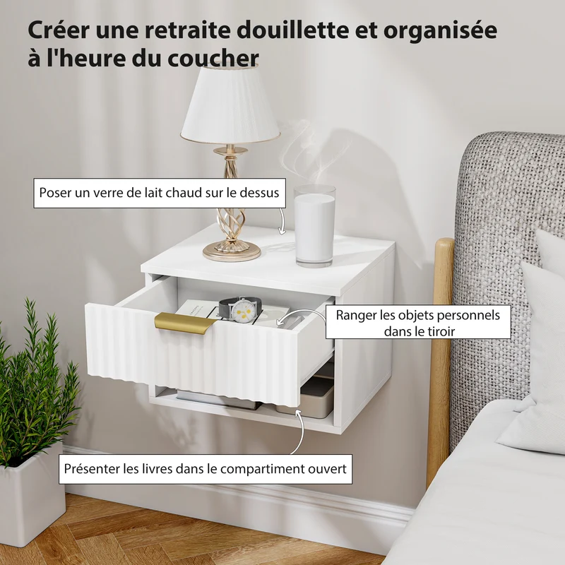 Lot de 2 tables de chevet suspendues 40 x 34 x 29 cm modernes avec tiroir cannelé et niche gain de place en MDF blanc 21_0003762