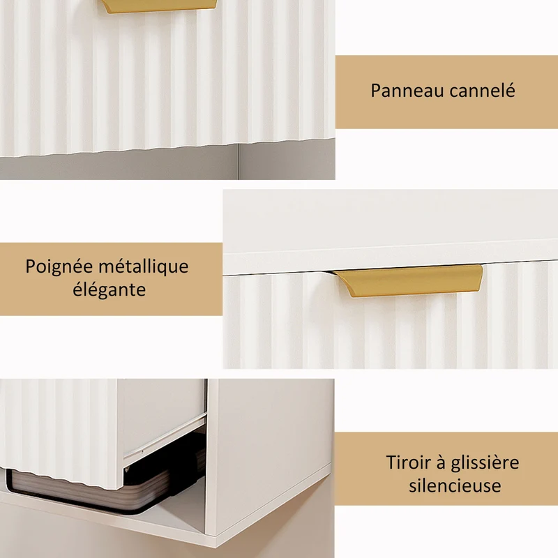 Lot de 2 tables de chevet suspendues 40 x 34 x 29 cm modernes avec tiroir cannelé et niche gain de place en MDF blanc 21_0003762