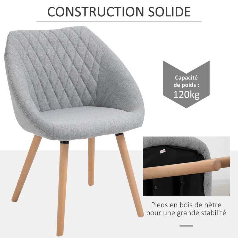 Lot de 2 chaises salle à manger 60 x 56 x 79 cm assise rembourrée confort avec accoudoirs scandinave épuré en lin gris 21_0002207