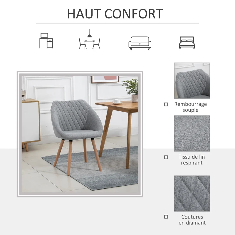Lot de 2 chaises salle à manger 60 x 56 x 79 cm assise rembourrée confort avec accoudoirs scandinave épuré en lin gris 21_0002207