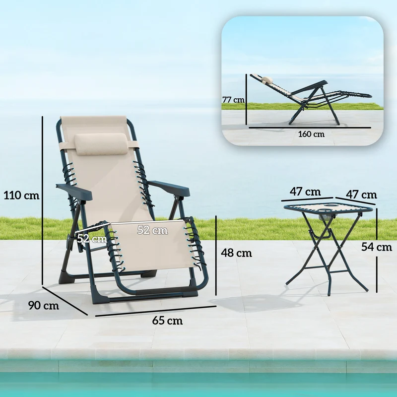 Lot de 2 chaises longues gravité zéro 160 x 65 x 77 cm pliables avec table porte-gobelets moderne en textilène beige 21_0005305