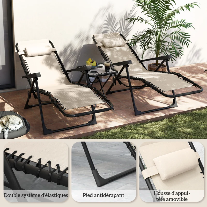 Lot de 2 chaises longues gravité zéro 160 x 65 x 77 cm pliables avec table porte-gobelets moderne en textilène beige 21_0005305