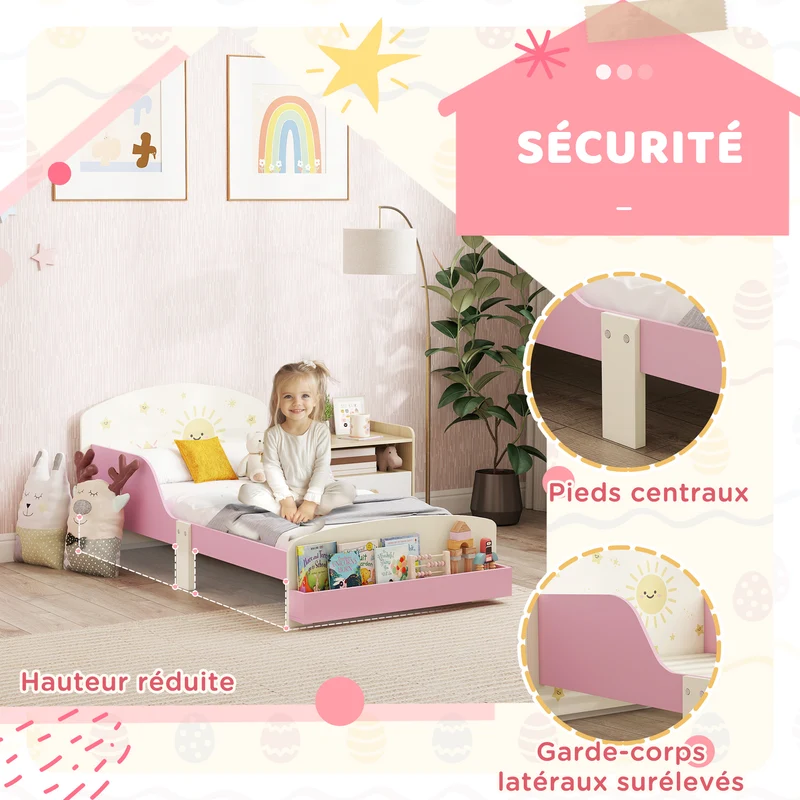 Lit enfant forme cadre 150 x 77 x 60 cm barrières latérales et rangement intégré sécurisé moderne décoratif en MDF rose 21_0000255