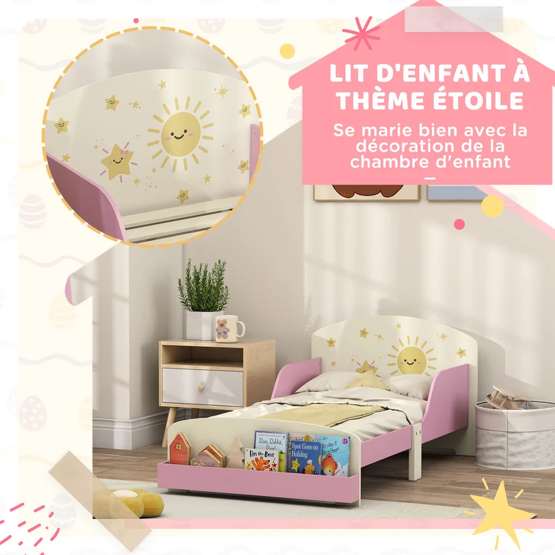 Lit enfant forme cadre 150 x 77 x 60 cm barrières latérales et rangement intégré sécurisé moderne décoratif en MDF rose 21_0000255