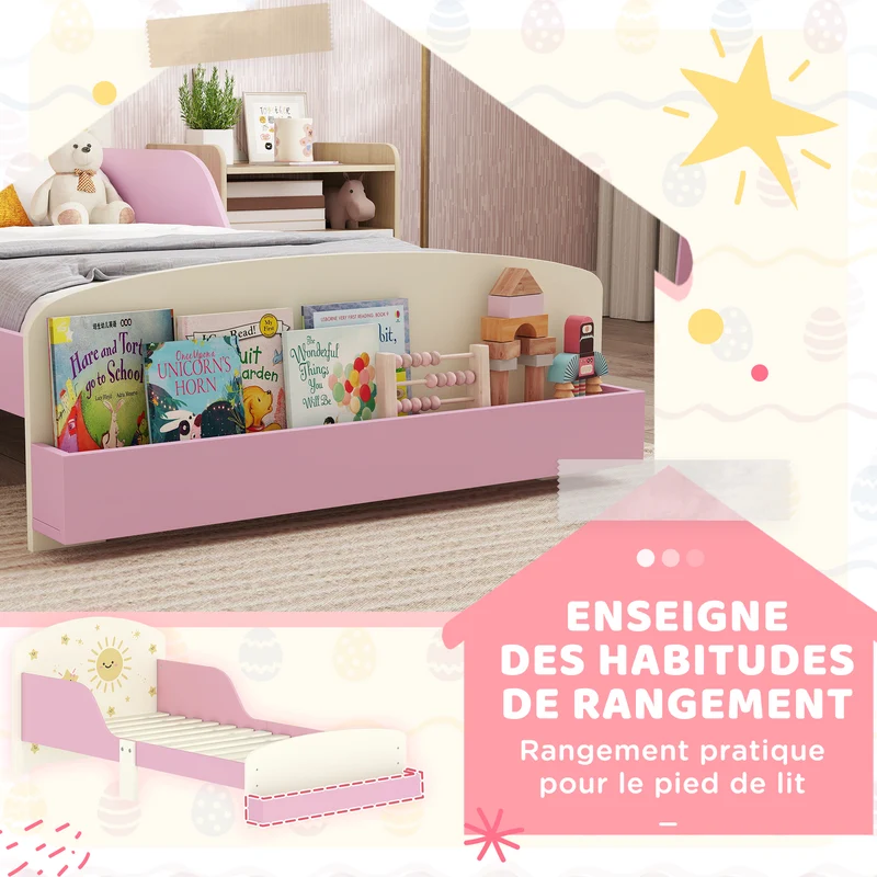 Lit enfant forme cadre 150 x 77 x 60 cm barrières latérales et rangement intégré sécurisé moderne décoratif en MDF rose 21_0000255