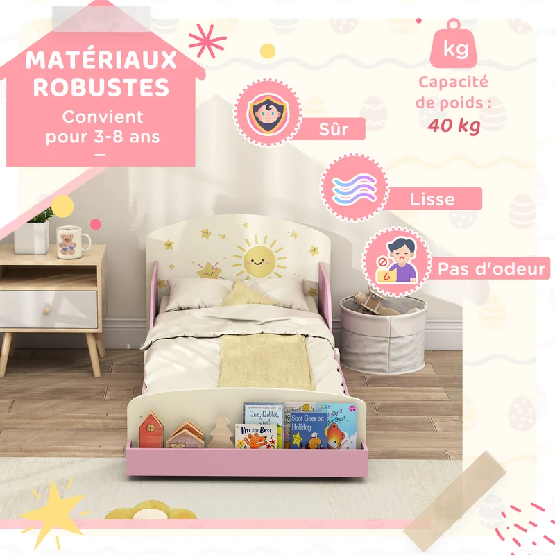 Lit enfant forme cadre 150 x 77 x 60 cm barrières latérales et rangement intégré sécurisé moderne décoratif en MDF rose 21_0000255