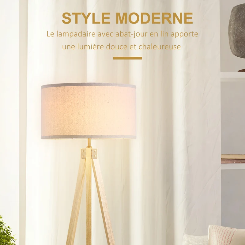Lampadaire trépied salon 45 x 45 x 152 cm lumière douce abat-jour cylindrique design scandinave intérieur en lin beige 21_0007006