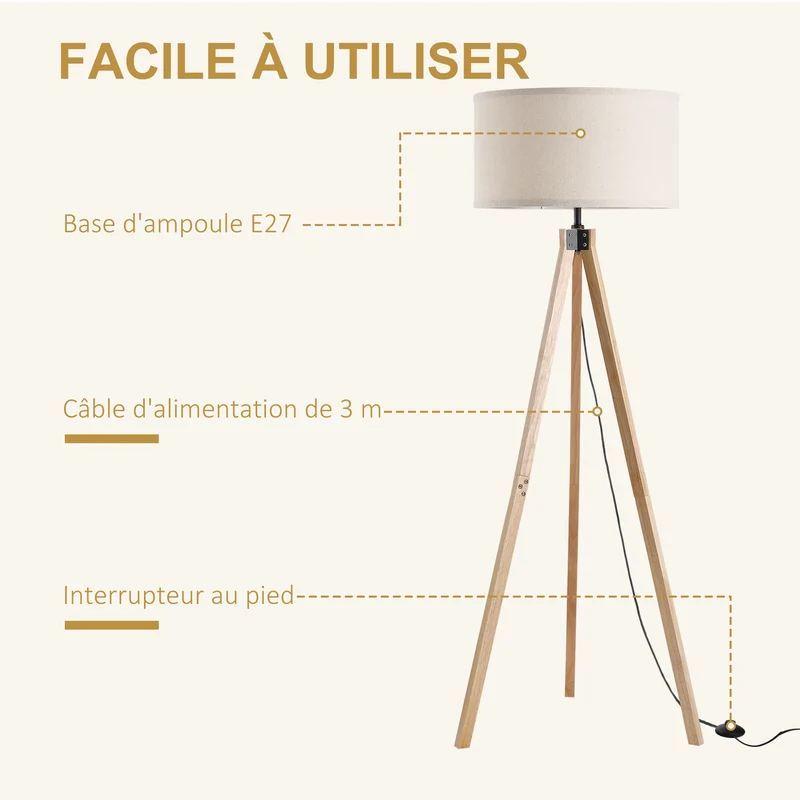 Lampadaire trépied salon 45 x 45 x 152 cm lumière douce abat-jour cylindrique design scandinave intérieur en lin beige 21_0007006