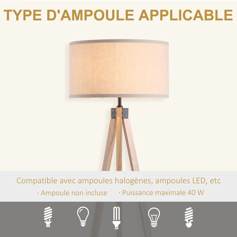 Lampadaire trépied salon 45 x 45 x 152 cm lumière douce abat-jour cylindrique design scandinave intérieur en lin beige 21_0007006
