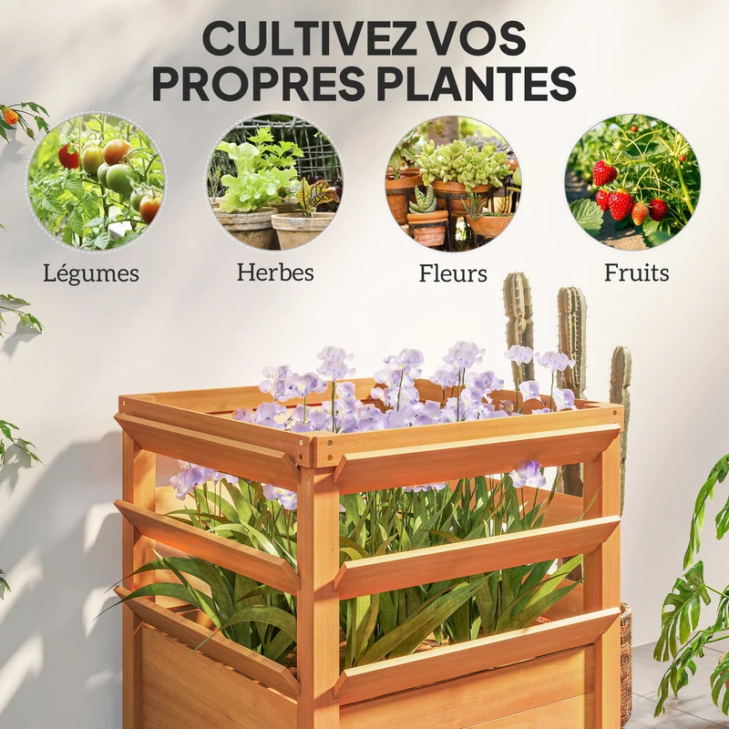 Jardinière surélevée de jardin 65 x 65 x 73 cm bon drainage treillis pour plantes style rustique en bois marron clair 21_0005576