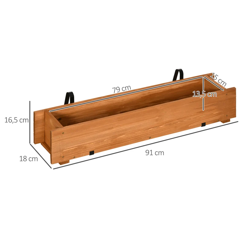 Jardinière rectangulaire suspendue balcon 91 x 18 x 16.5 cm drainage supports métal rustique en bois de sapin marron 21_0004297
